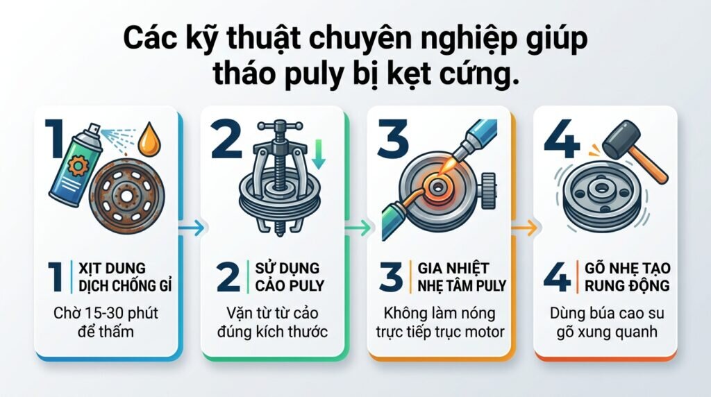 Các kỹ thuật chuyên nghiệp giúp tháo puly bị kẹt cứng.