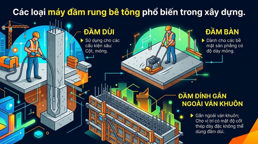Các loại máy đầm rung bê tông phổ biến trong xây dựng.