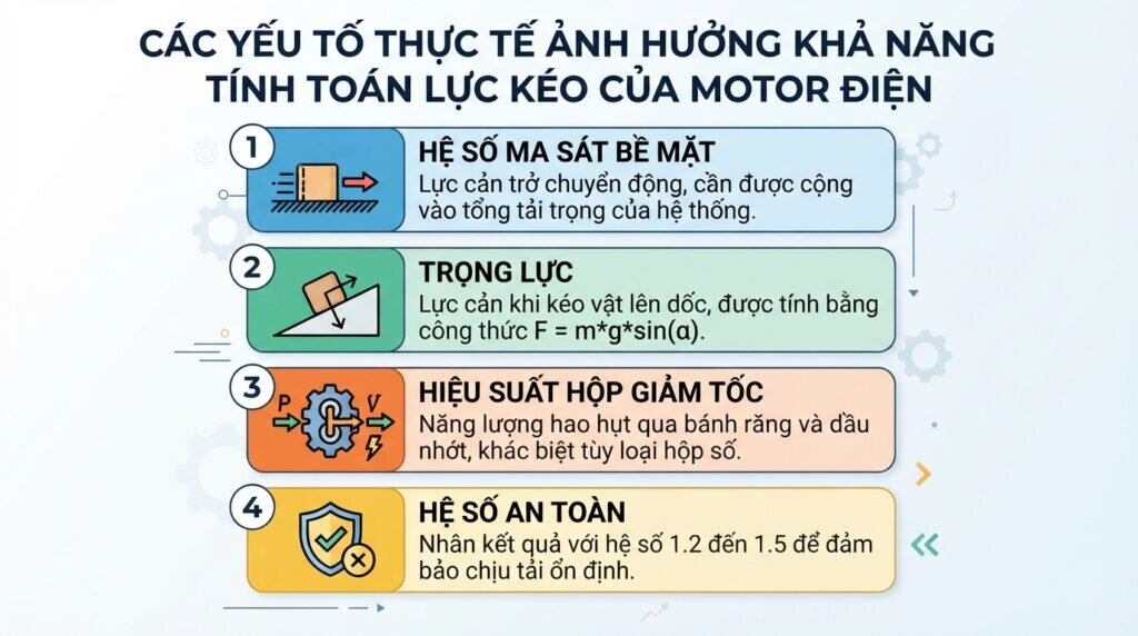 Các yếu tố thực tế ảnh hưởng khả năng tính toán lực kéo của motor điện.
