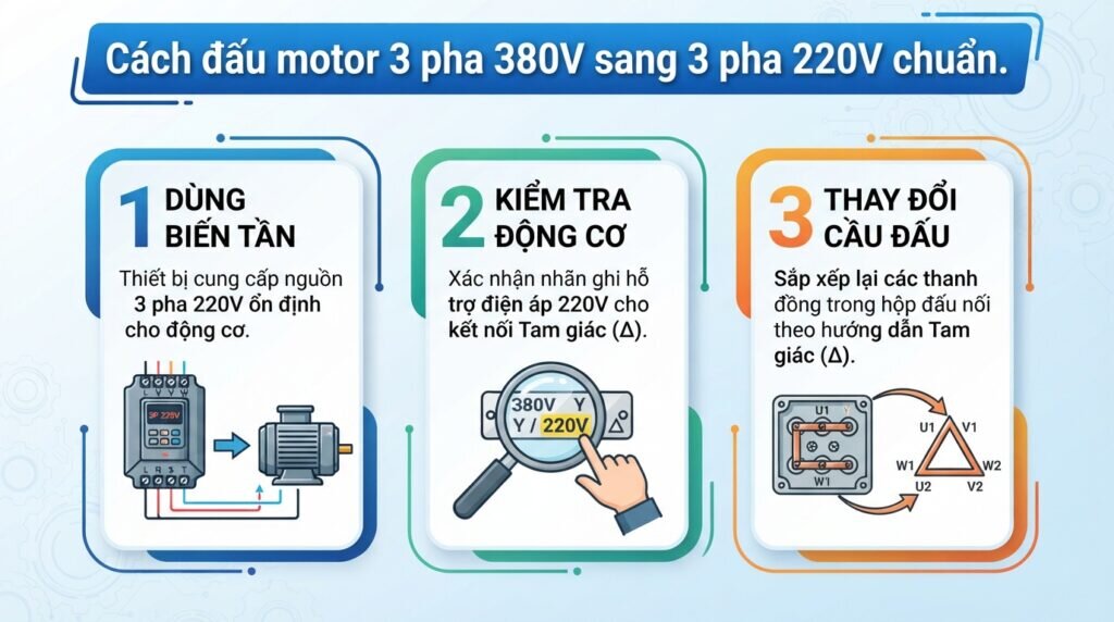 Cách đấu motor 3 pha 380V sang 3 pha 220V chuẩn.