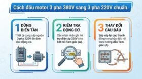 Cách đấu motor 3 pha 380V sang 3 pha 220V chuẩn.