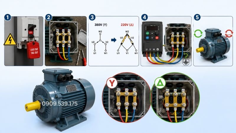 Thực hiện đúng từng bước để chuyển đổi motor sang nguồn 3 pha 220V an toàn
