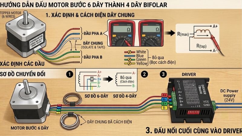 Cách đấu motor bước 6 dây lấy 4 dây pha