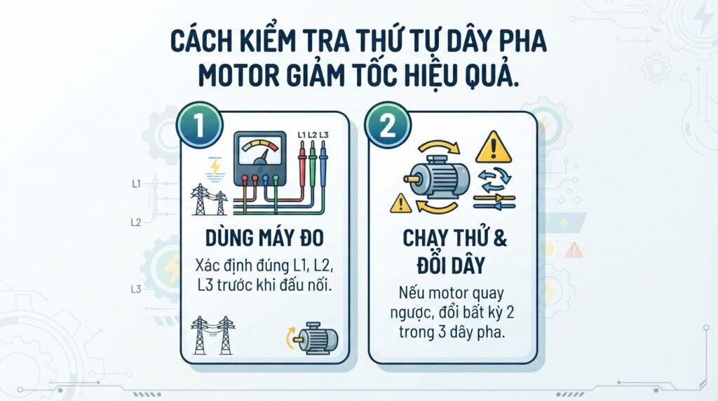 Cách kiểm tra thứ tự dây pha motor giảm tốc hiệu quả.