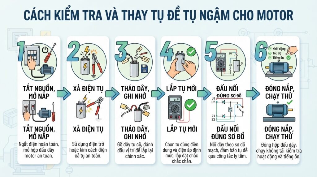 Cách kiểm tra và thay tụ đề tụ ngậm cho motor.