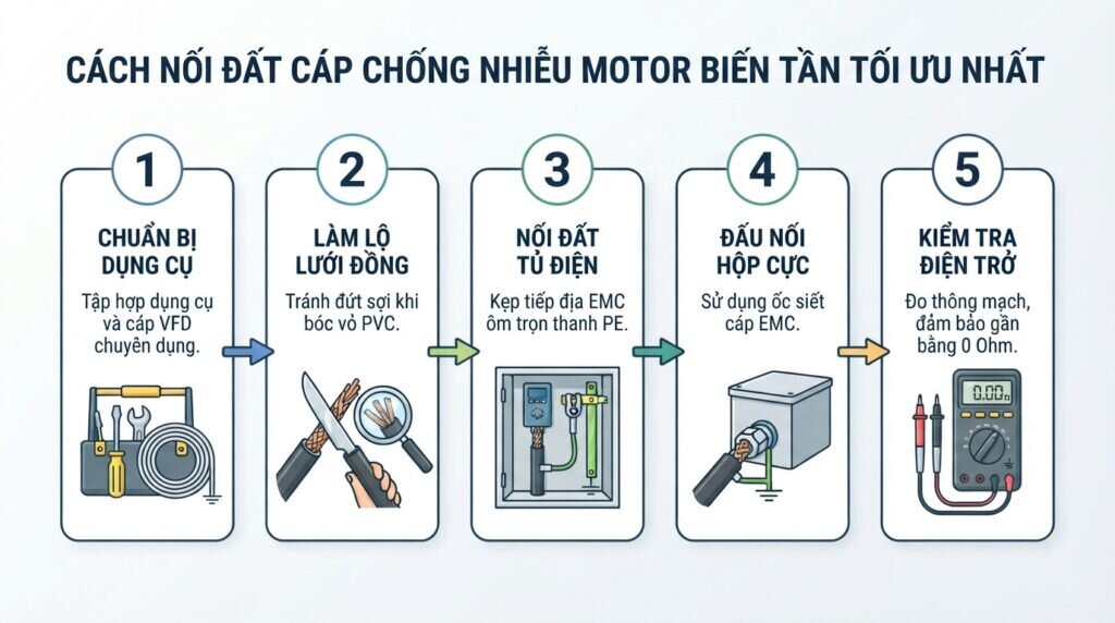 Cách nối đất cáp chống nhiễu motor biến tần tối ưu nhất.