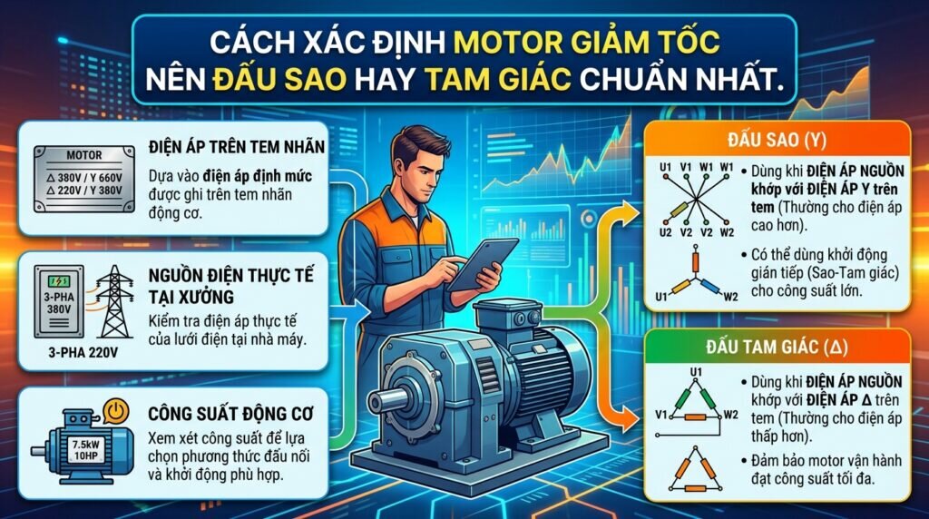 Cách xác định Motor giảm tốc nên đấu sao hay tam giác chuẩn nhất.