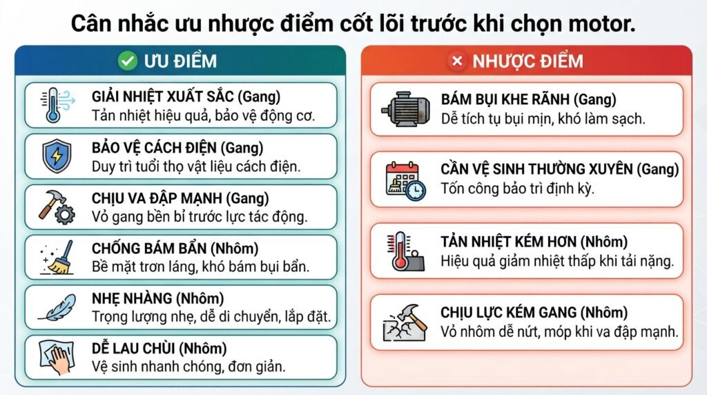 Cân nhắc ưu nhược điểm cốt lõi trước khi chọn motor.