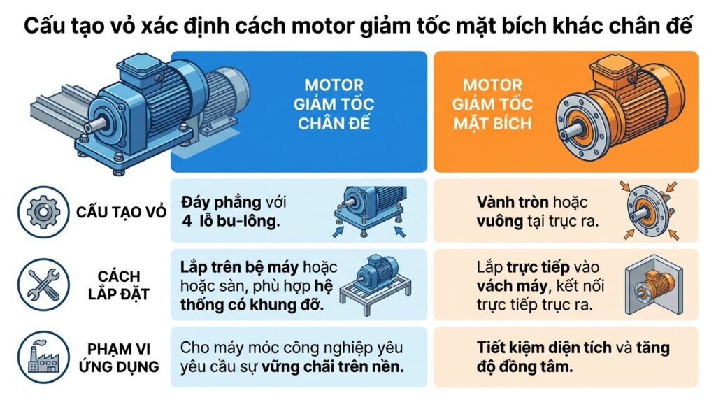 Cấu tạo vỏ xác định cách motor giảm tốc mặt bích khác chân đế.