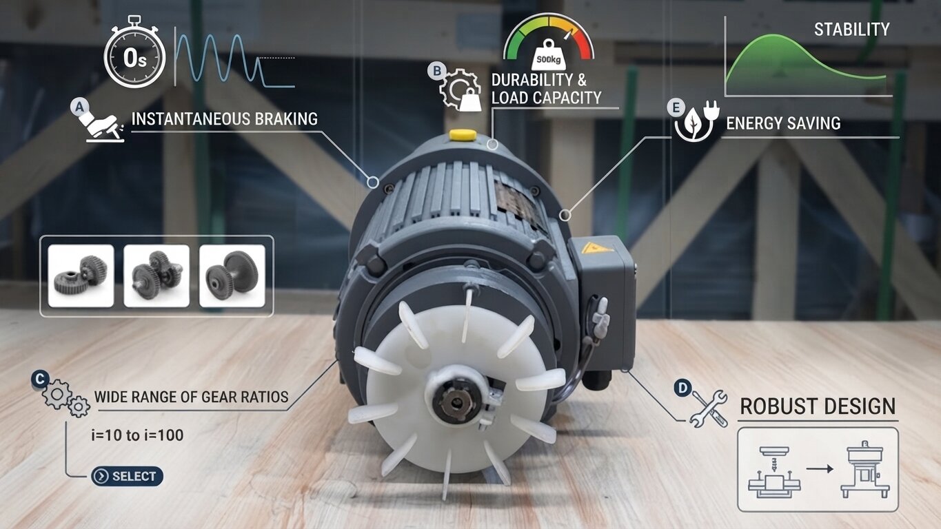 Characteristics of 3-phase electromagnetic brake gear motor