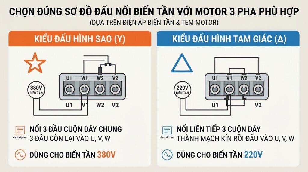 Chọn đúng sơ đồ đấu nối biến tần với motor 3 pha phù hợp.
