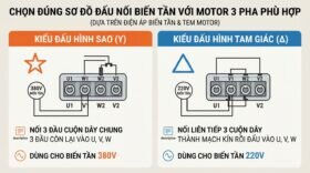 Chọn đúng sơ đồ đấu nối biến tần với motor 3 pha phù hợp.