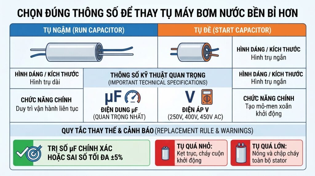 Chọn đúng thông số để thay tụ máy bơm nước bền bỉ hơn.