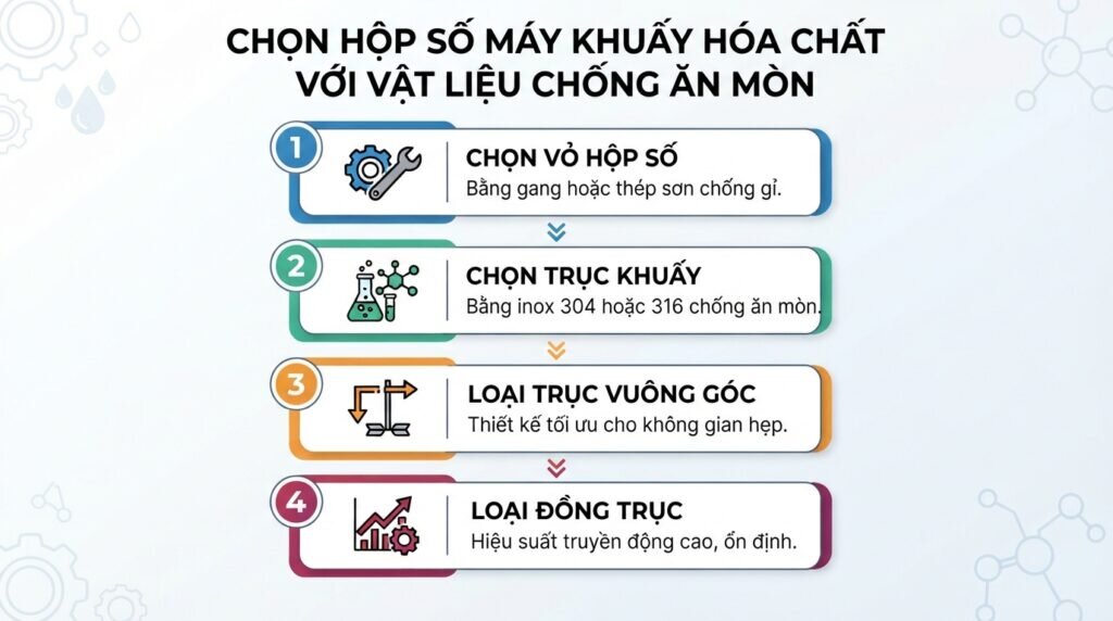 Chọn hộp số máy khuấy hóa chất với vật liệu chống ăn mòn.