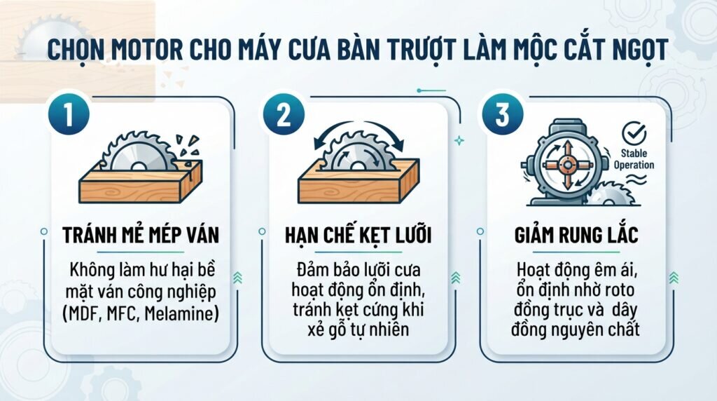 Chọn motor cho máy cưa bàn trượt làm mộc cắt ngọt.
