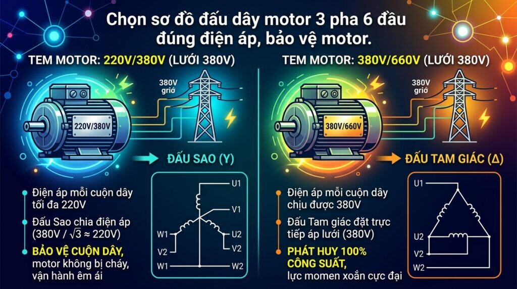Chọn sơ đồ đấu dây motor 3 pha 6 đầu đúng điện áp, bảo vệ motor.