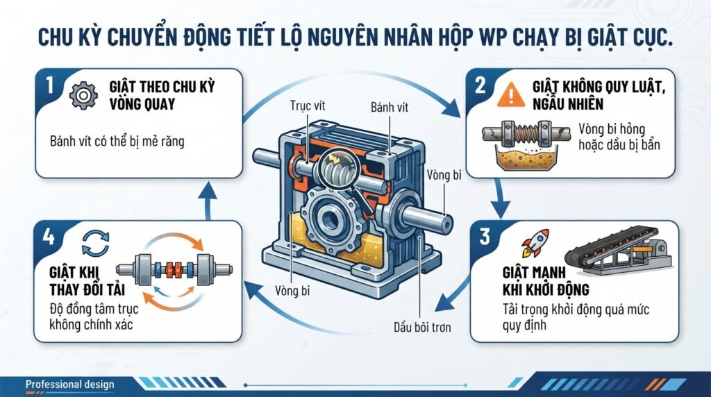 Chu kỳ chuyển động tiết lộ nguyên nhân hộp WP chạy bị giật cục.