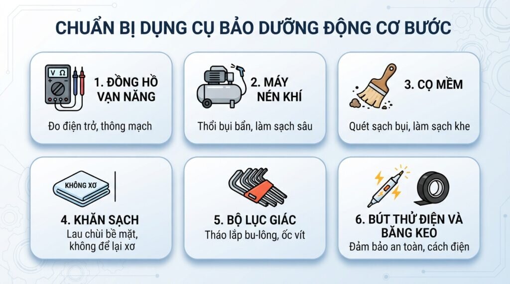 Chuẩn bị đầy đủ dụng cụ cho cách bảo dưỡng động cơ bước.