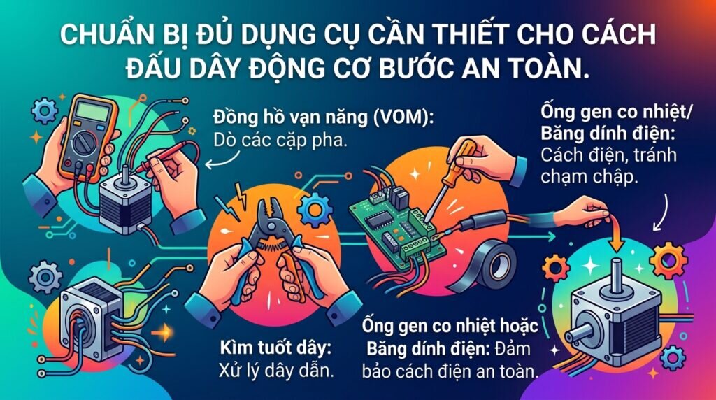Chuẩn bị đủ dụng cụ cần thiết cho cách đấu dây động cơ bước an toàn.