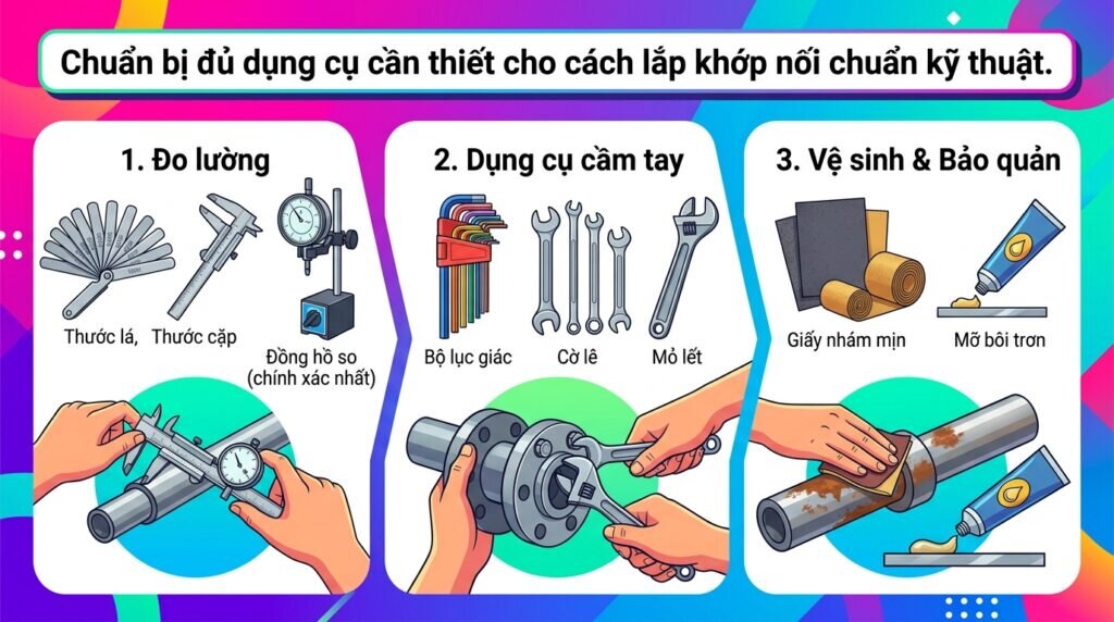 Chuẩn bị đủ dụng cụ cần thiết cho cách lắp khớp nối chuẩn kỹ thuật.