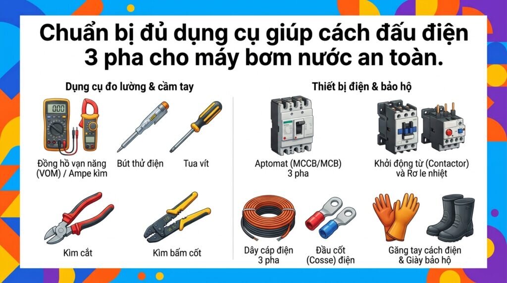 Chuẩn bị đủ dụng cụ giúp cách đấu điện 3 pha cho máy bơm nước an toàn.