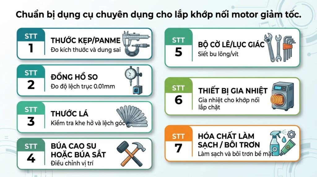 Chuẩn bị dụng cụ chuyên dụng cho lắp khớp nối motor giảm tốc.