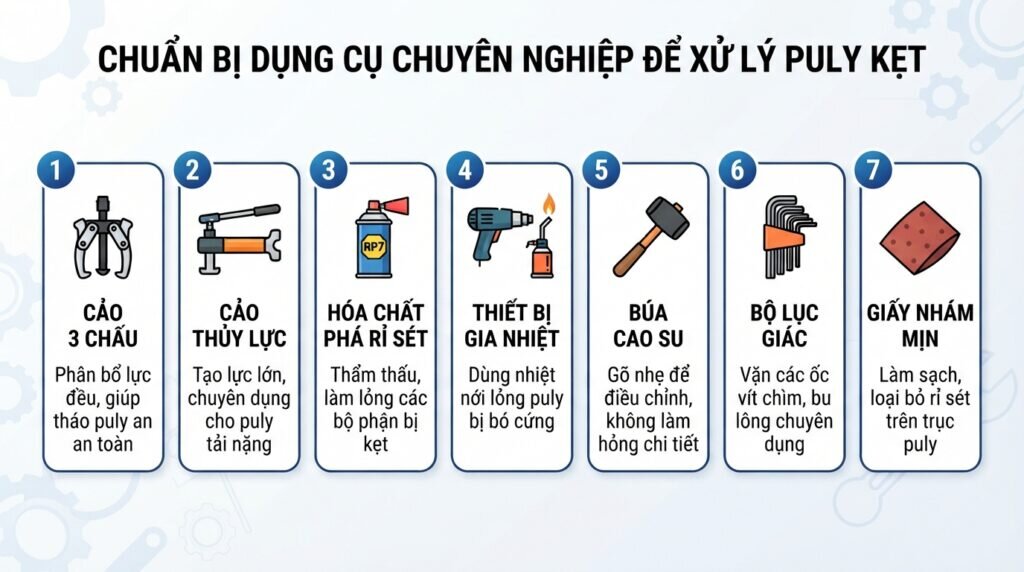 Chuẩn bị dụng cụ chuyên nghiệp để xử lý puly kẹt.