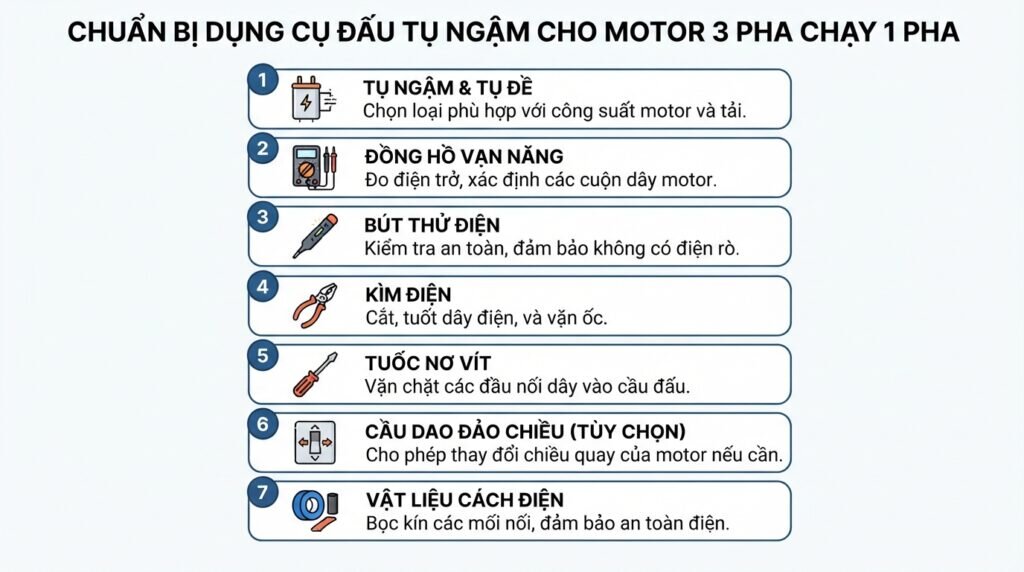 Chuẩn bị dụng cụ đấu tụ ngậm cho motor 3 pha chạy 1 pha.