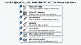 Chuẩn bị dụng cụ đấu tụ ngậm cho motor 3 pha chạy 1 pha.
