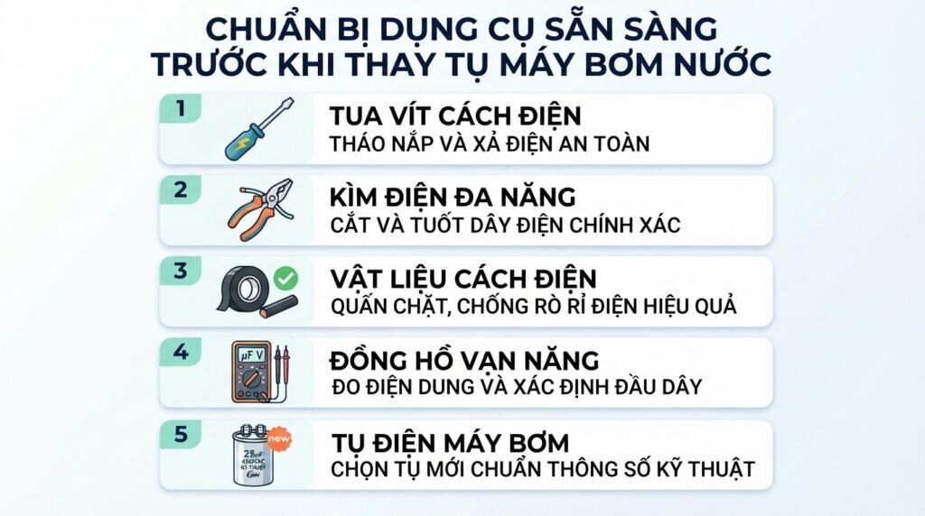 Chuẩn bị dụng cụ sẵn sàng trước khi thay tụ máy bơm nước.