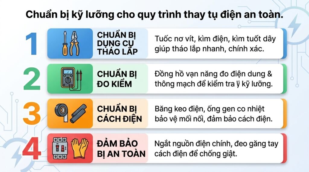 Chuẩn bị kỹ lưỡng cho quy trình thay tụ điện an toàn.
