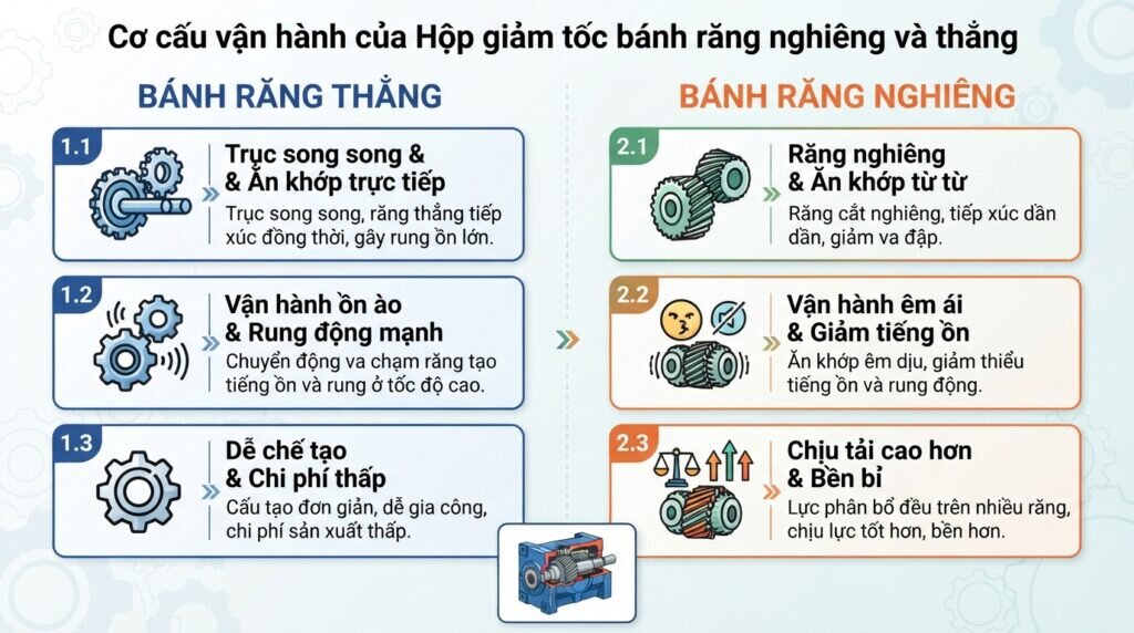 Cơ cấu vận hành của Hộp giảm tốc bánh răng nghiêng và thẳng.
