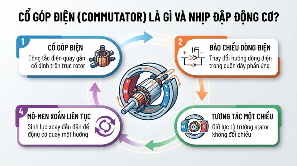 Cổ góp điện (commutator) là gì và nhịp đập động cơ?