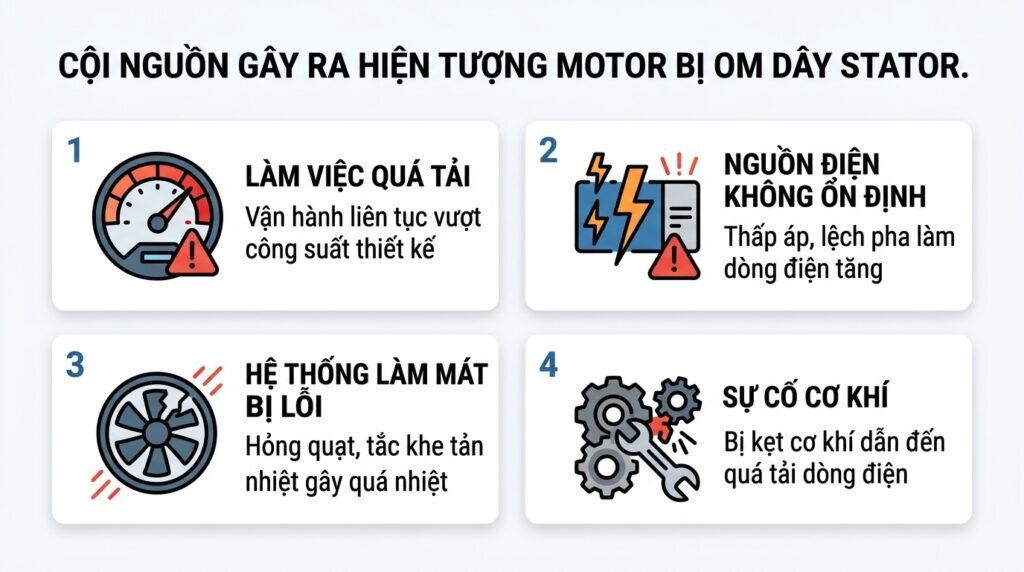 Cội nguồn gây ra hiện tượng motor bị om dây stator.