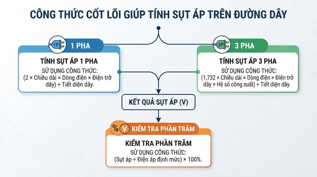 Công thức cốt lõi giúp tính sụt áp trên đường dây.
