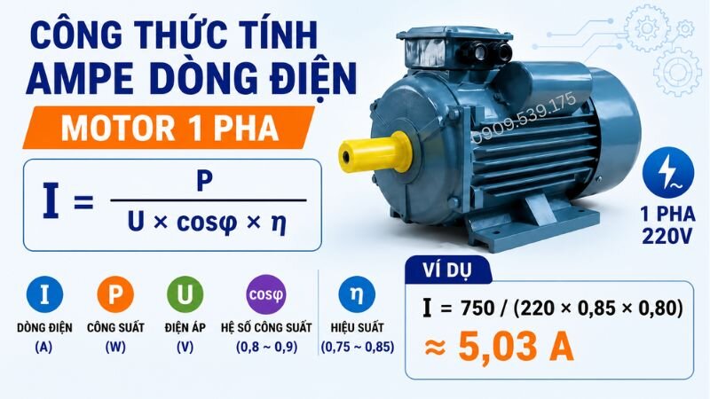 Công thức tính dòng điện chuẩn cho motor điện 1 pha