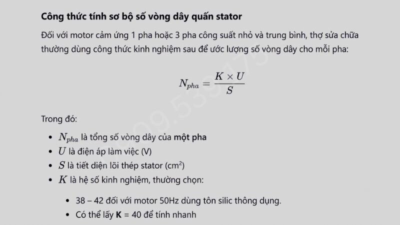 Công thức tính sơ bộ số vòng dây quấn trên stator