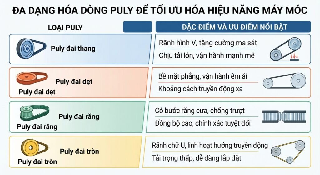 Đa dạng hóa dòng puly để tối ưu hóa hiệu năng máy móc.