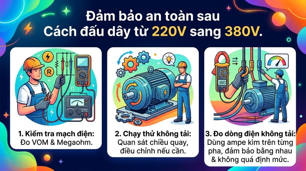Đảm bảo an toàn sau Cách đấu dây từ 220V sang 380V.