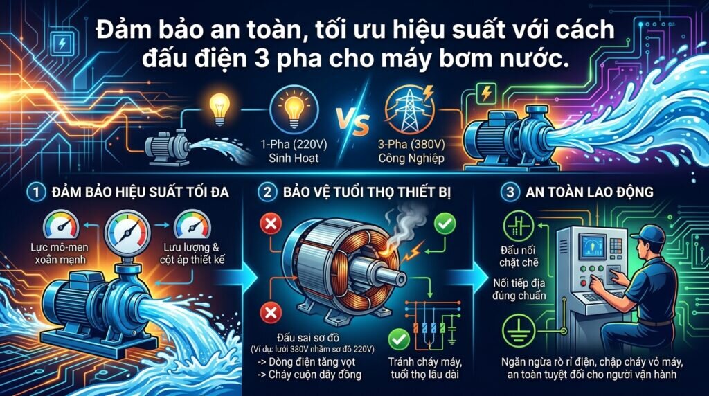 Đảm bảo an toàn, tối ưu hiệu suất với cách đấu điện 3 pha cho máy bơm nước.