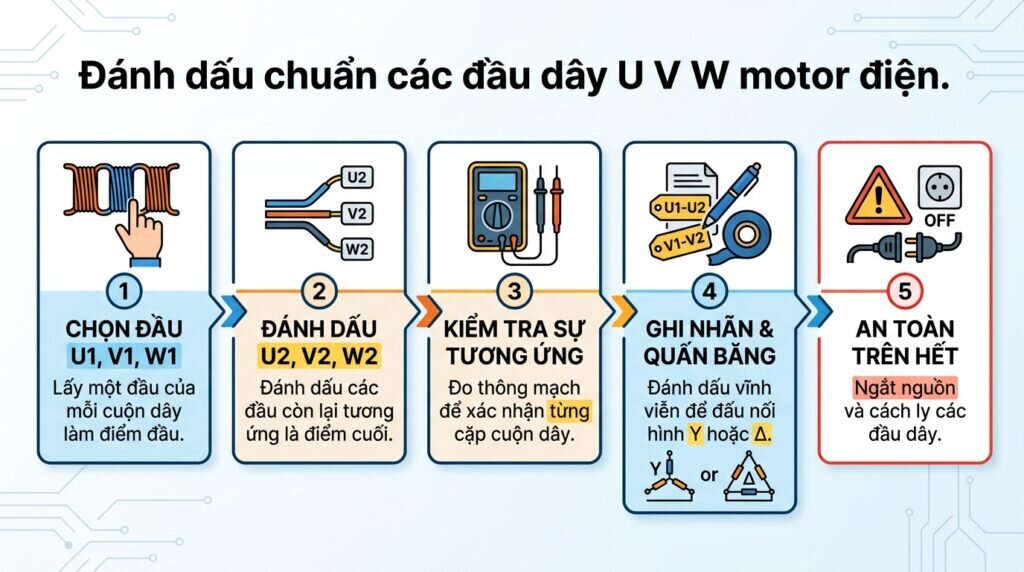 Đánh dấu chuẩn các đầu dây U V W motor điện.