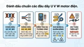 Đánh dấu chuẩn các đầu dây U V W motor điện.