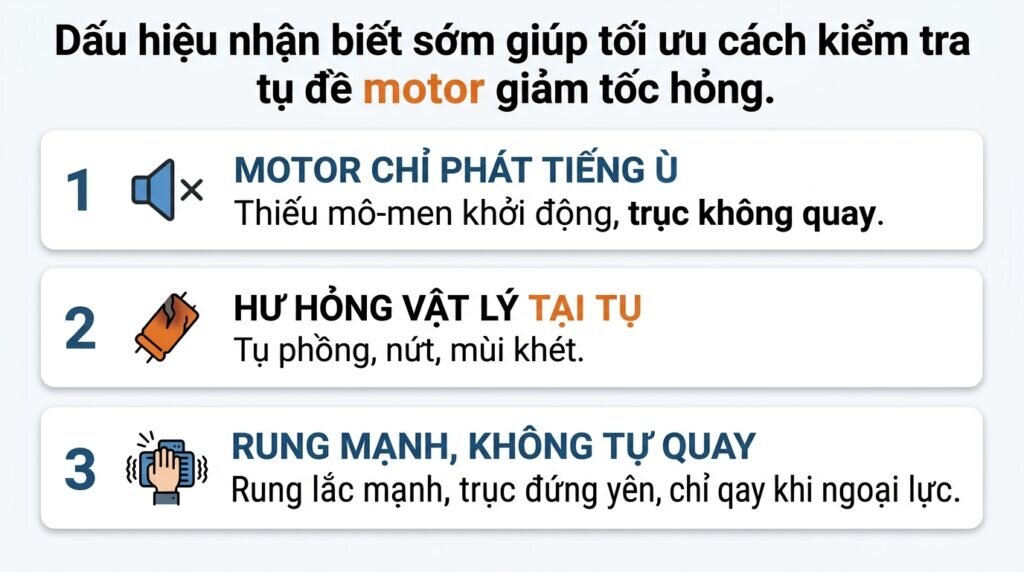 Dấu hiệu nhận biết sớm giúp tối ưu cách kiểm tra tụ đề motor giảm tốc hỏng.