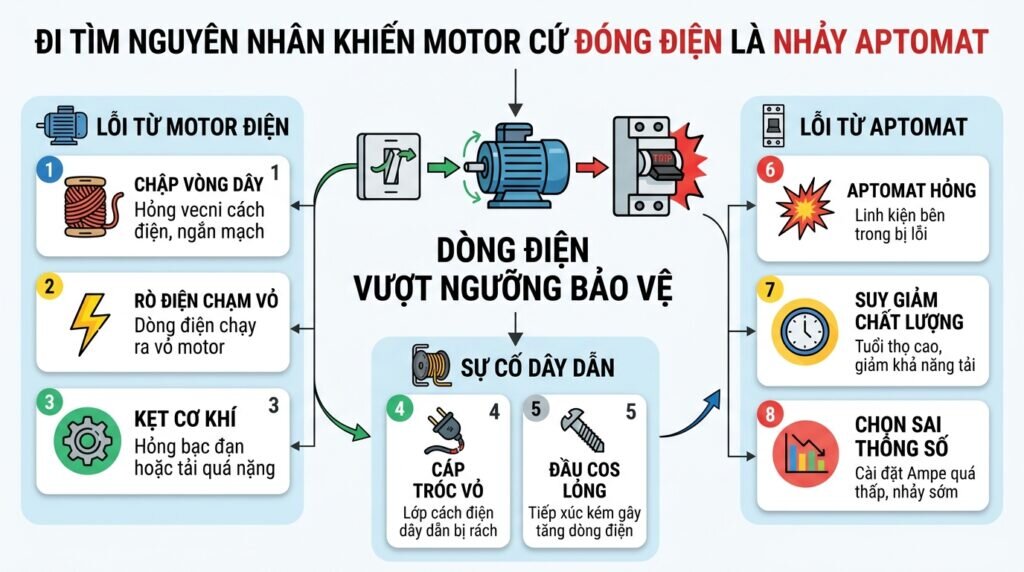 Đi tìm nguyên nhân khiến motor cứ đóng điện là nhảy aptomat.