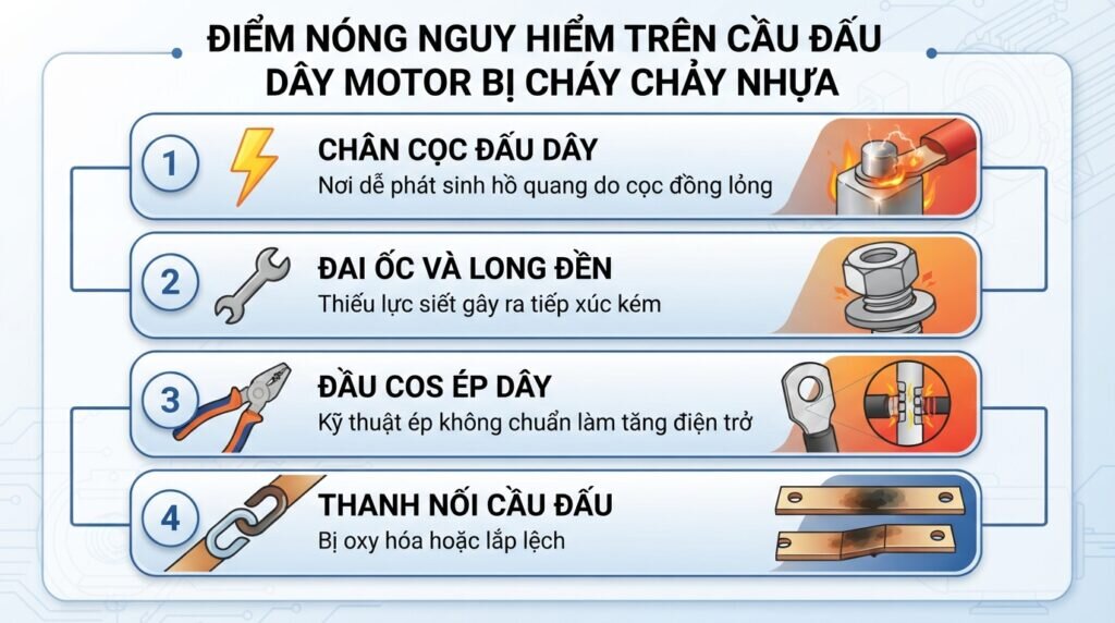 Điểm nóng nguy hiểm trên cầu đấu dây motor bị cháy chảy nhựa.