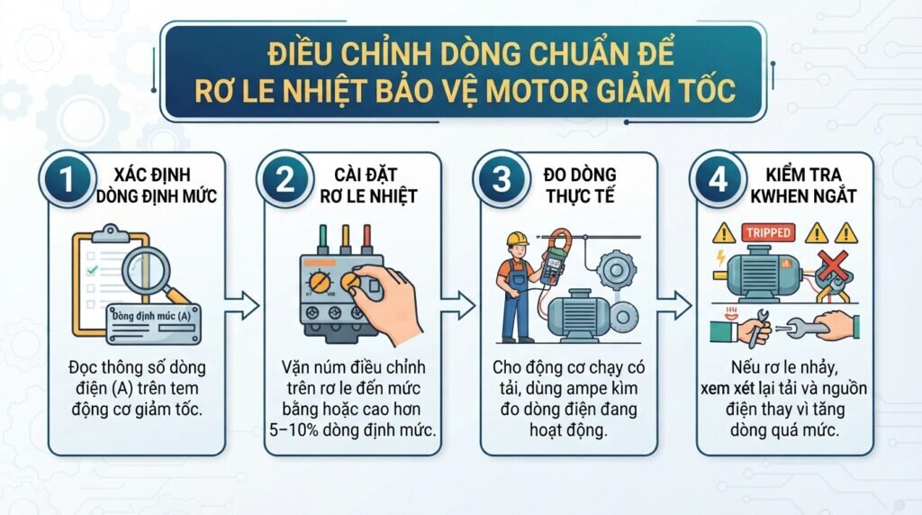 Điều chỉnh dòng chuẩn để rơ le nhiệt bảo vệ motor giảm tốc.