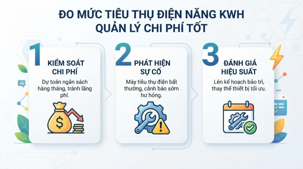 Đo mức tiêu thụ điện năng kwh quản lý chi phí tốt.