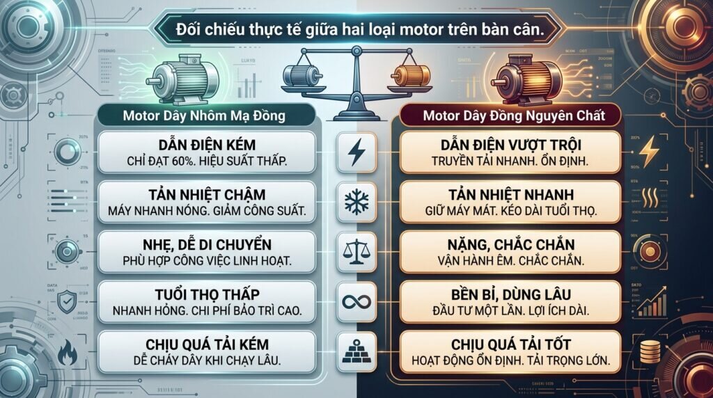 Đối chiếu thực tế giữa hai loại motor trên bàn cân.