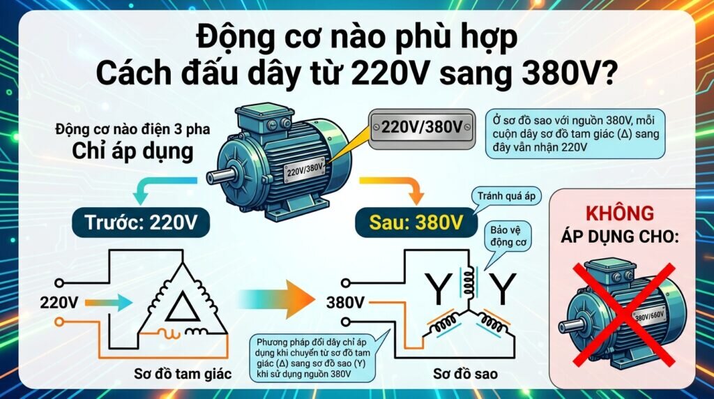 Động cơ nào phù hợp Cách đấu dây từ 220V sang 380V?
