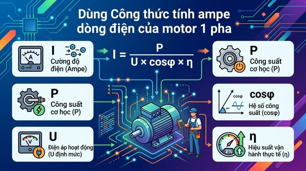 Dùng Công thức tính ampe dòng điện của motor 1 pha